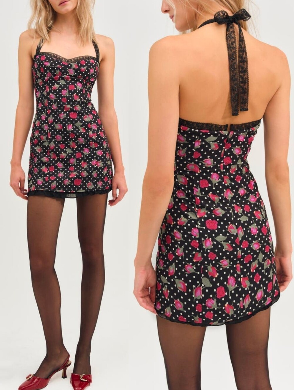 NWT FOR LOVE & LEMONS Black Floral Betty Bud Lace Halter Mini Dress